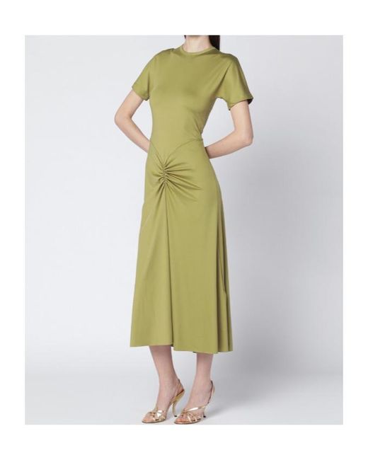 Victoria Beckham Green Gathered Waist Midi Dress With Knotted Detail