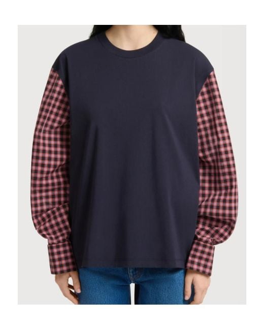 Marni Blue Deep Cotton T-Shirt With Checked Shirt Sleeves