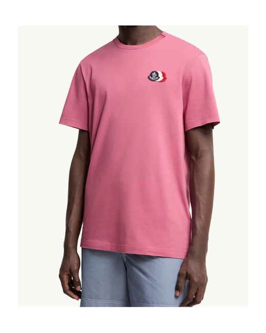 Moncler Pink Embroidered Tricolor Logo Cotton T-Shirt for men