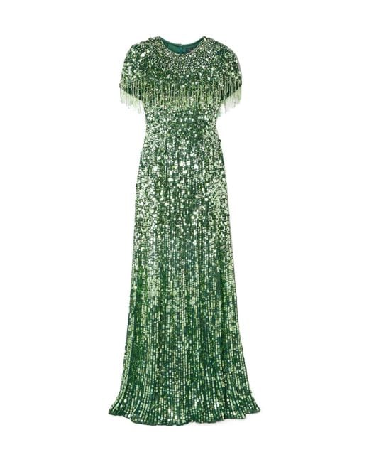 Jenny Packham Green Embellished Satin Gown