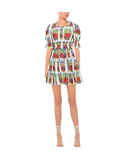 Dolce & Gabbana White Multi-Color Short Sleeve Ruched Dress