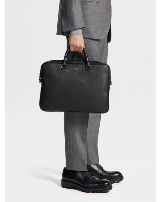 Zegna Black Edgy Logo-Lettering Leather Briefcase for men