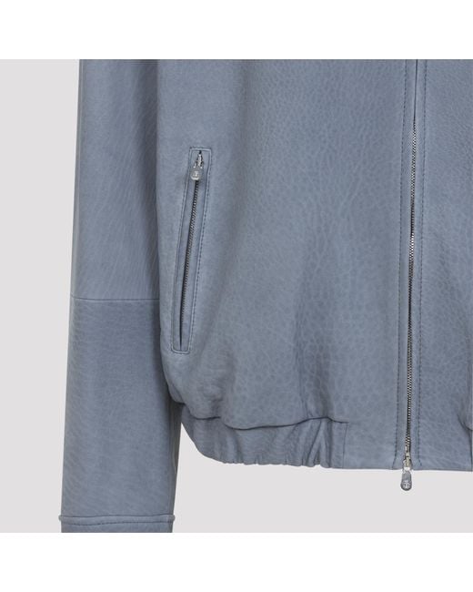 Brunello Cucinelli Blue Leather Jacket for men