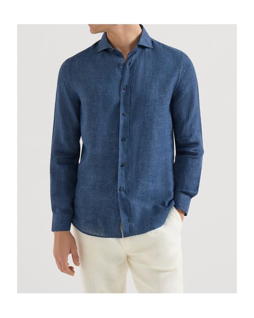 Brunello Cucinelli Blue Délavé Linen Easy Fit Shirt With Spread Collar for men