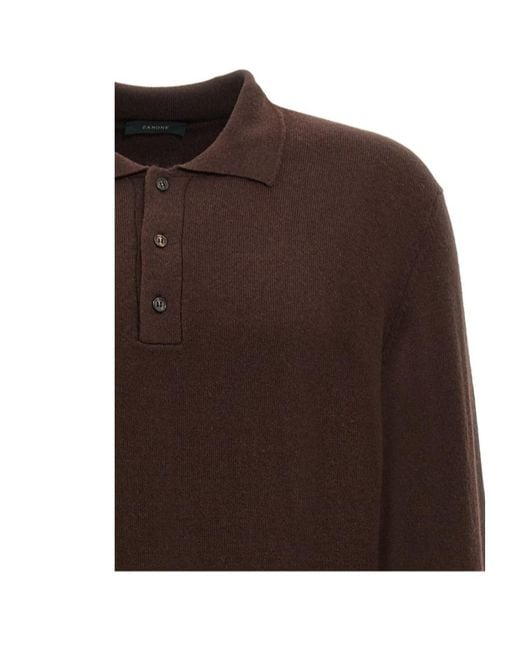Zanone Brown Long-Sleeved Fine-Knit Polo Shirt for men