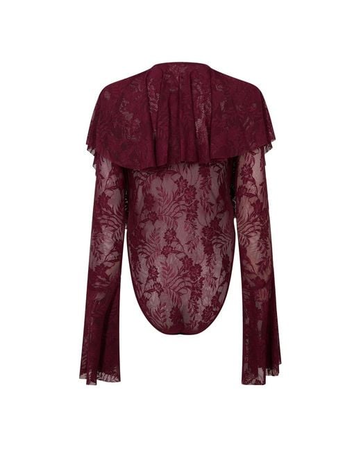 Norma Kamali Purple Long-Sleeved Deep V-Neck Ruffled Bodysuit