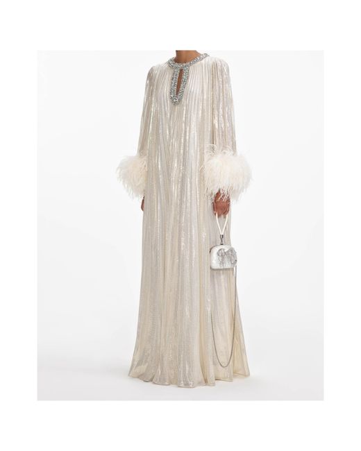Self-Portrait Natural Long Dress Decorated With Feather Cuffs