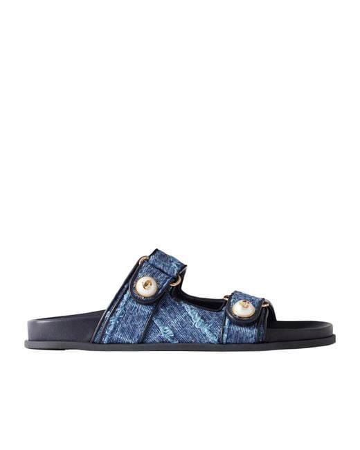 Jimmy Choo Blue Fayence Embellished Frayed Denim Sandals