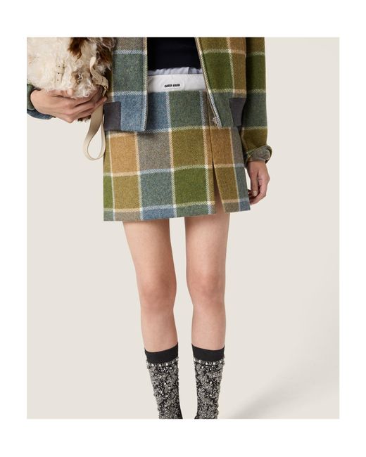 Miu Miu Green Wool Check Mini Skirt