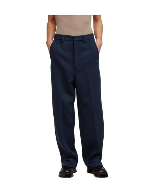 AMI Blue Straight-Leg Pleat-Detailed Trousers for men