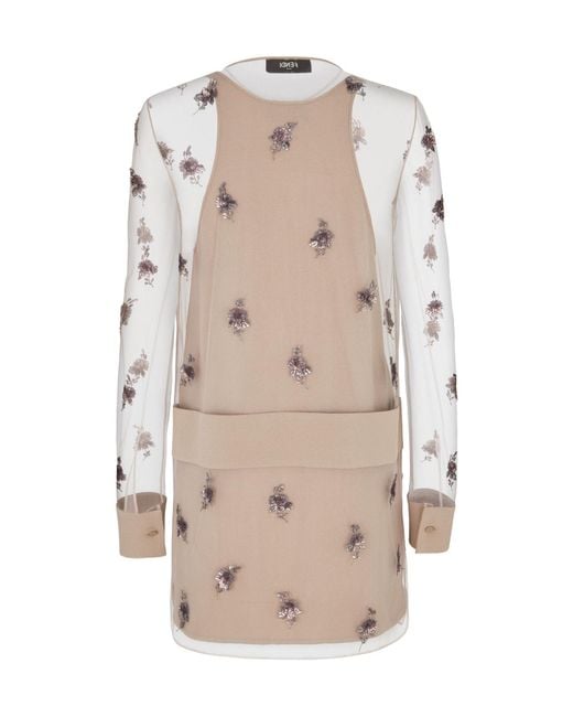 Fendi Natural Floral Embellished Sheer Sleeved Mini Dress