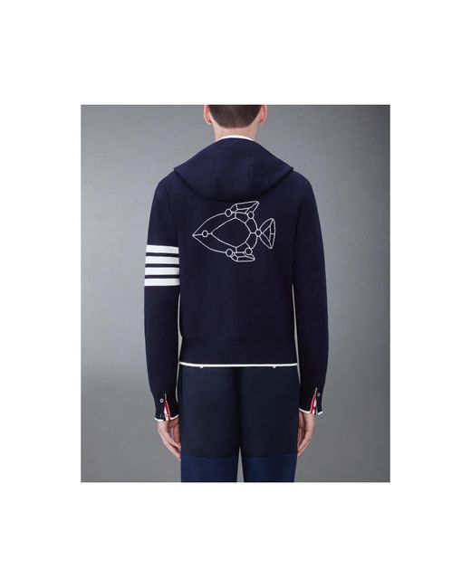 Thom Browne Blue Fish 4-Bar Striped Zipped Hoodie for men