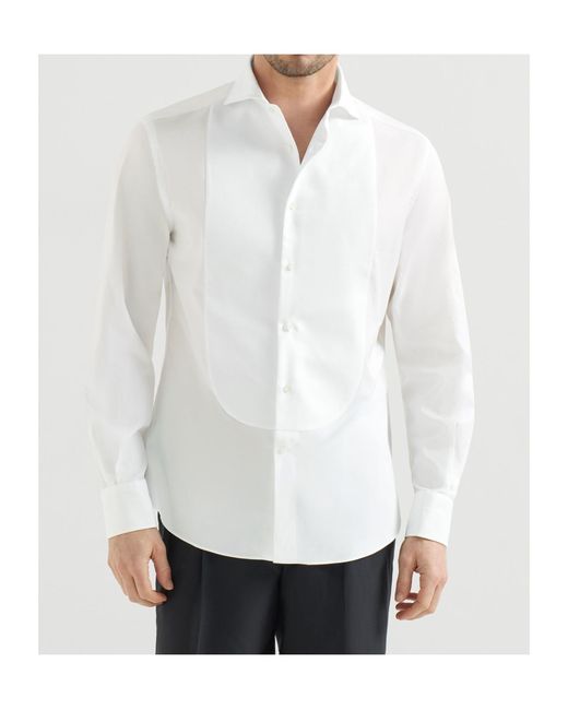Brunello Cucinelli White Sea Island Cotton Twill Basic Fit Shirt With Point Collar And Pleated Bib And Cuffs for men