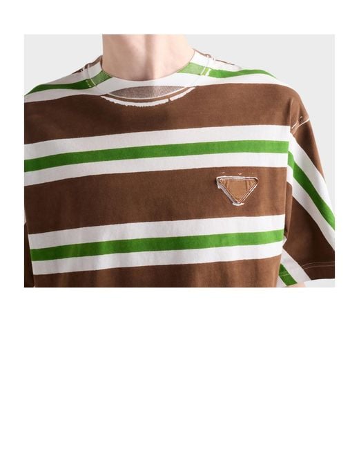 Prada Green Logo Detailed Striped T-Shirt for men