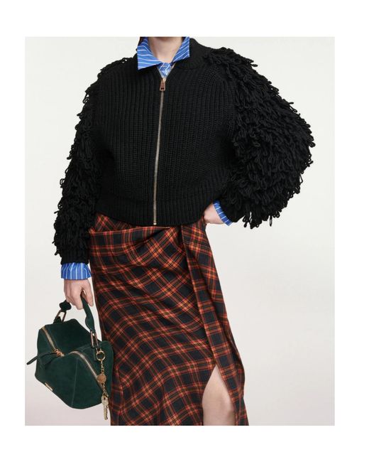 Essentiel Antwerp Black Fringe-Sleeve Wool-Blend Cardigan