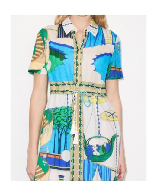 Tory Burch Blue Graphic-Print Midi Shirt Dress