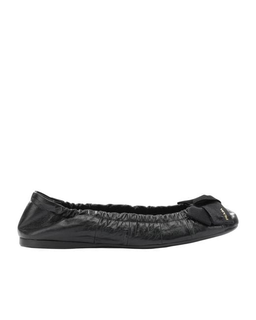 Prada Black Bow-Detail Wrinkled-Effect Ballet Flats
