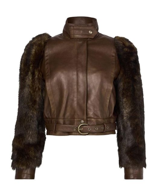 Chloé Brown High Collar Long Sleeve Leather Jacket