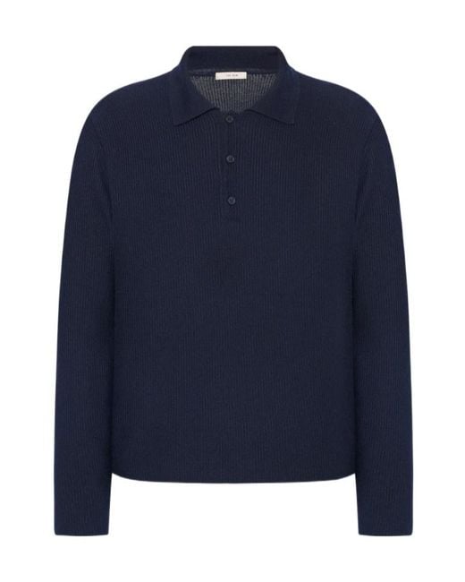 The Row Blue Bertram Long-Sleeved Knit Polo Shirt for men