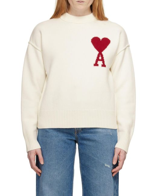 AMI White Ami De Coeur Crewneck Long-Sleeved Jumper for men