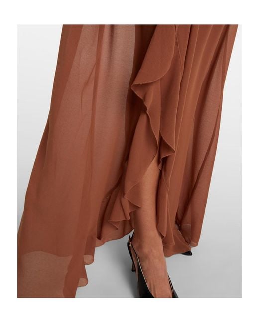 JACQUES WEI Brown Draped Ruffled Maxi Dress