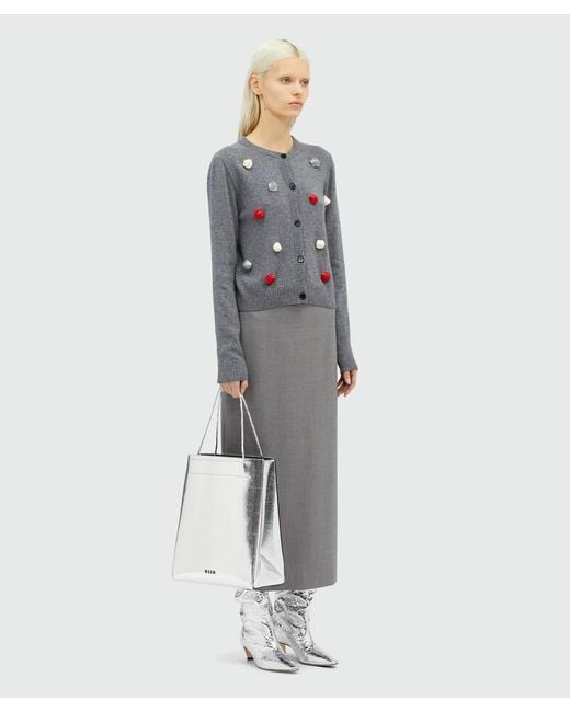MSGM Gray Rose-Appliqué Knitted Cardigan