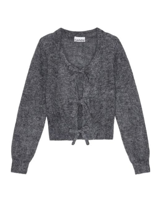 Ganni Gray Tie-Fastening Knit Cardigan