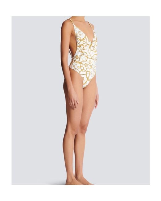 Balmain White Chaînes Pattern Printed One-Piece Swimsuit