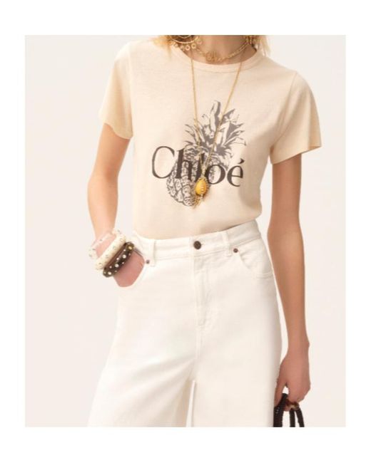 Chloé Natural Chloé Logo Printed Crewneck T-Shirt