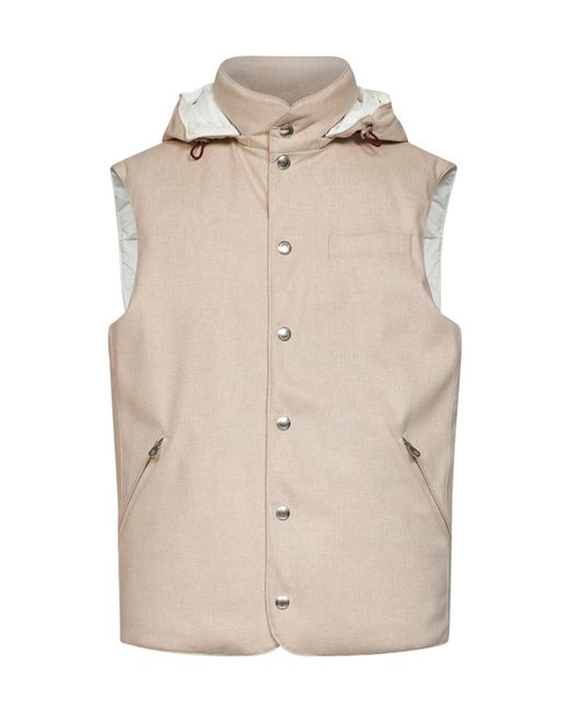 Brunello Cucinelli Natural Sleeveless Hooded Gilet for men