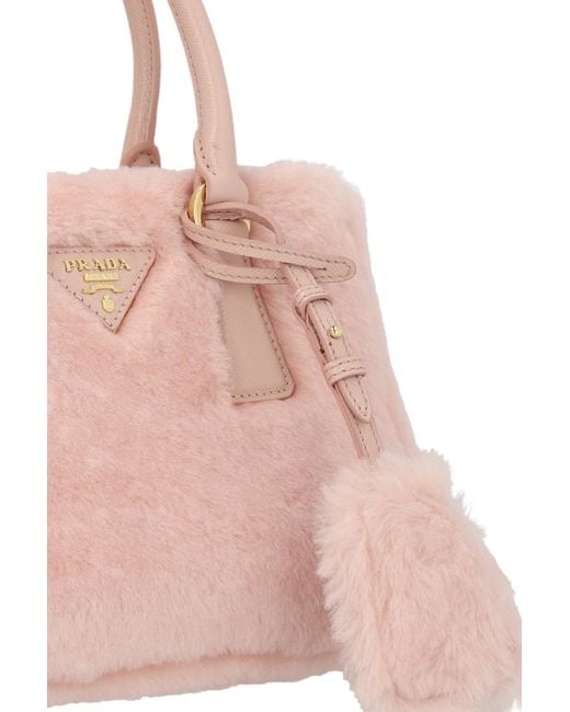 Prada Pink Logo Plaque Teddy Bowling Top Handle Bag