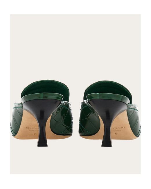 Ferragamo Green Embossed Round-Toe Mules