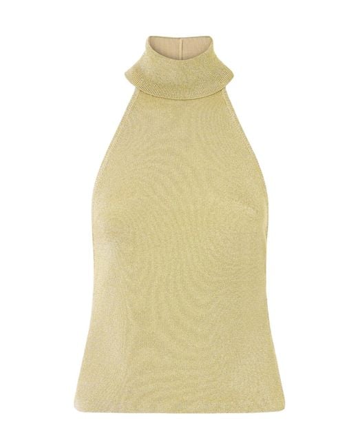 Cult Gaia Yellow Wake Ribbed Metallic Halterneck Top