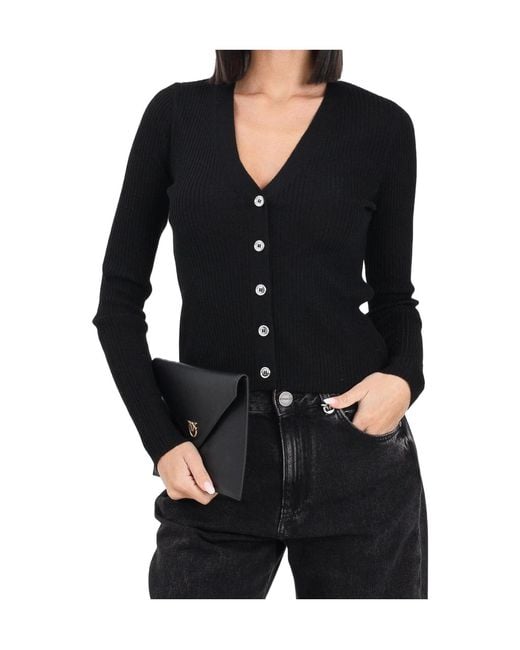 Pinko Black Love Birds Logo Rib-Knit Cardigan