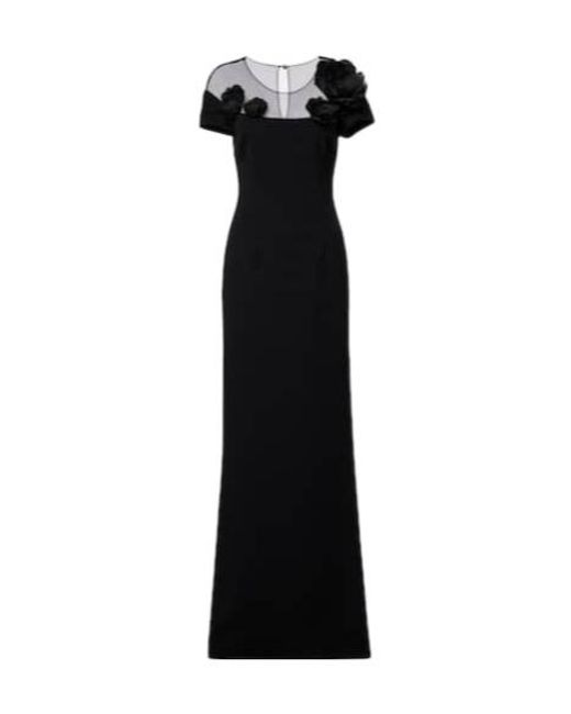 Safiyaa Black Noah Floral-Appliqué Crêpe Gown