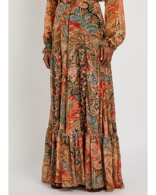 Etro Brown Paisley Ruffled Silk Maxi Skirt