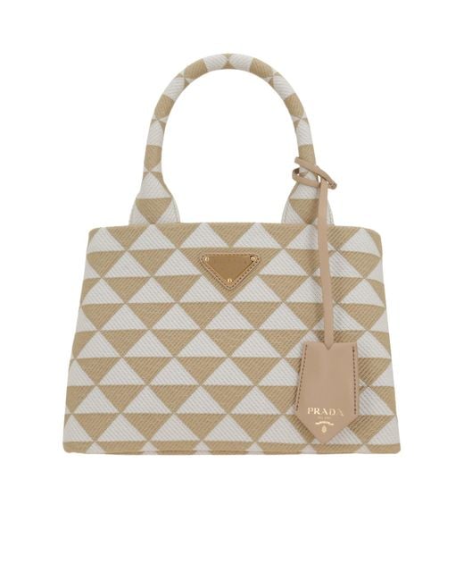 Prada Natural Symbole Embroidered Top Handle Bag