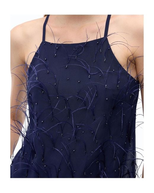 Pinko Blue Feather-Trim Sequin-Embellished Top