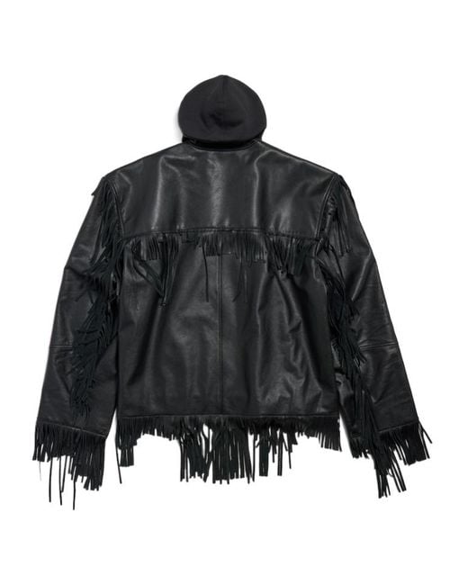 Balenciaga Black Fringed Hooded Leather Jacket for men