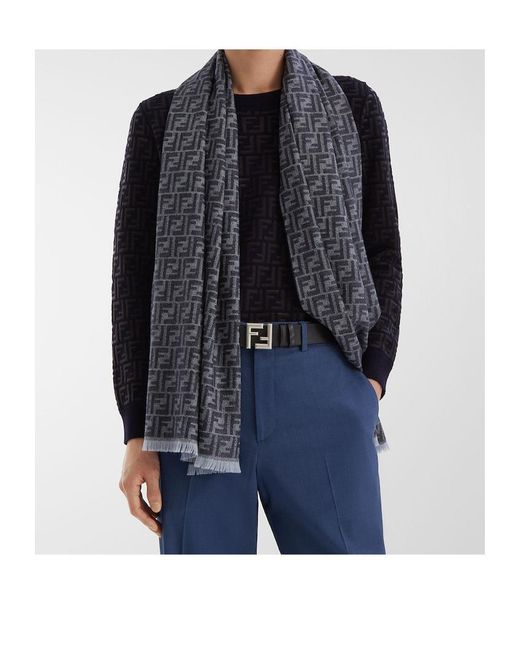 Fendi Blue Ff Jacquard Frayed-Edge Scarf for men