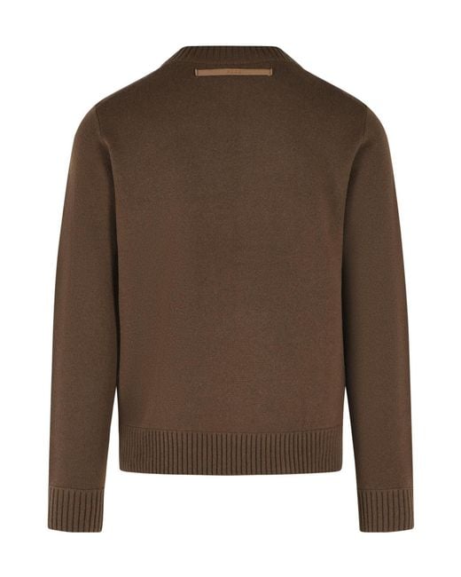 Sacai Brown Asymmetric Zip Knitted Sweater for men