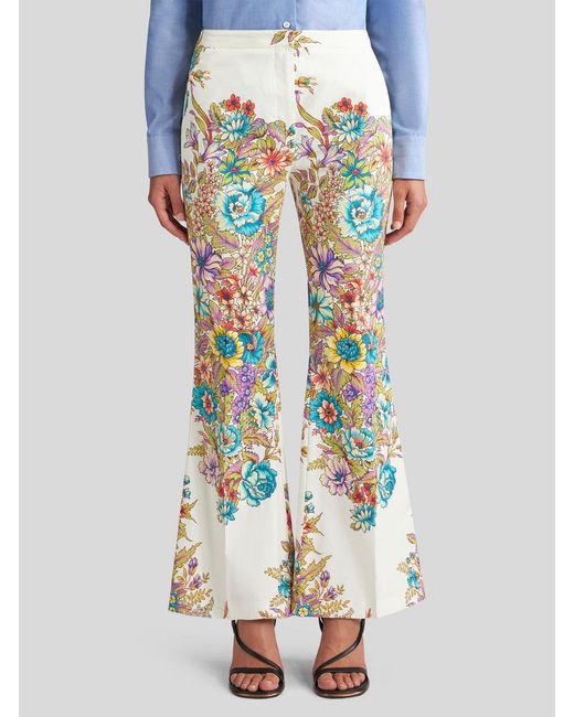 Etro White Floral-Printed High Waist Flared Trousers