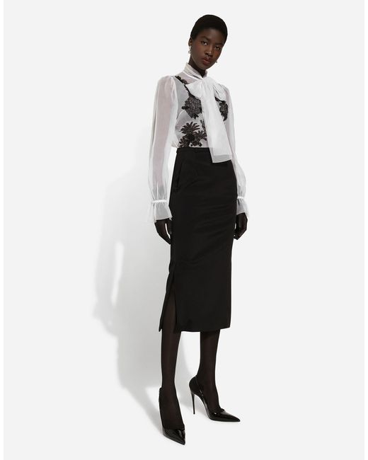 Dolce & Gabbana White Lace Patch Pussy-Bow Shirt