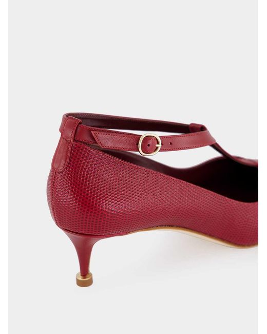 Manolo Blahnik Red Rosellon T-Strap Leather Kitten Pumps