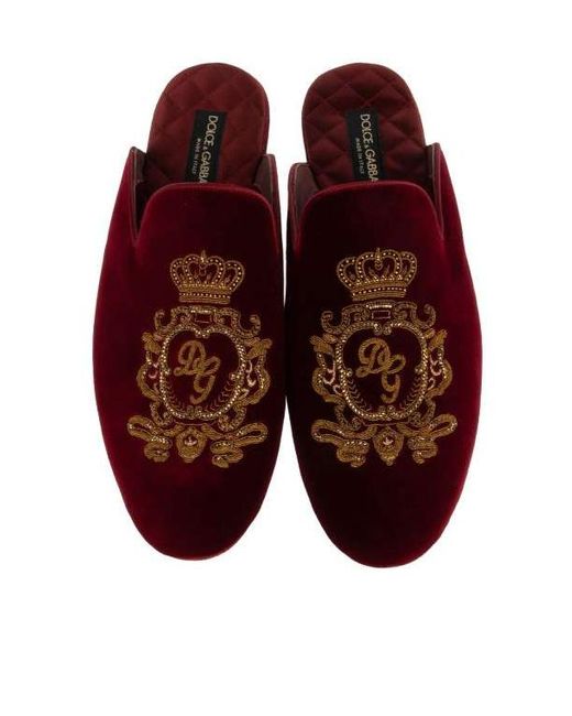 Dolce & Gabbana Brown Logo Embroidered Velvet Slides for men