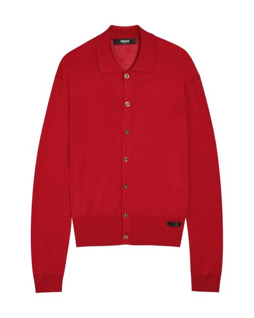 Versace Red Fine-Knit Silk-Blend Cardigan for men