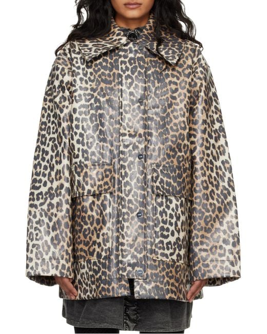 Ganni Gray Laminated Canvas Printed Jacket