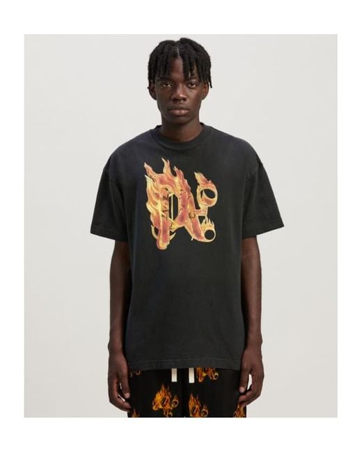 Palm Angels Black Burning Monogram T-Shirt for men