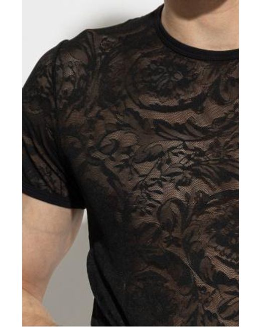 Versace Black Short-Sleeved Crewneck Lace T-Shirt for men