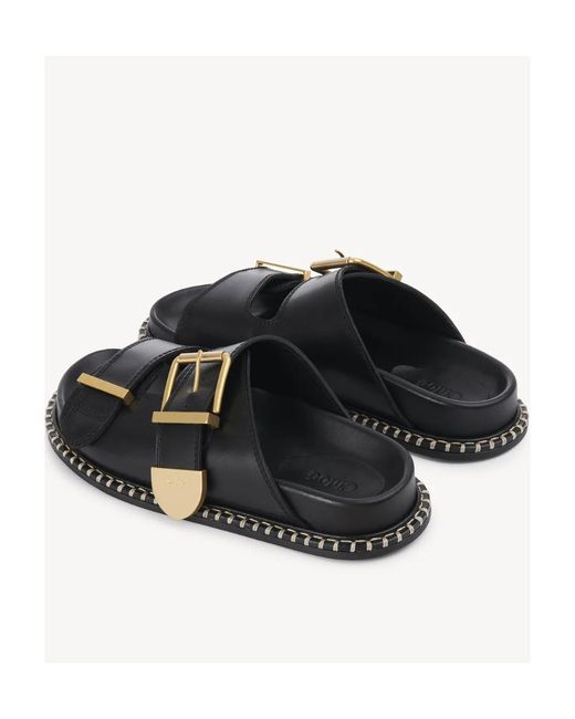Chloé Black Chloé Logo Engraved Buckled Sandals